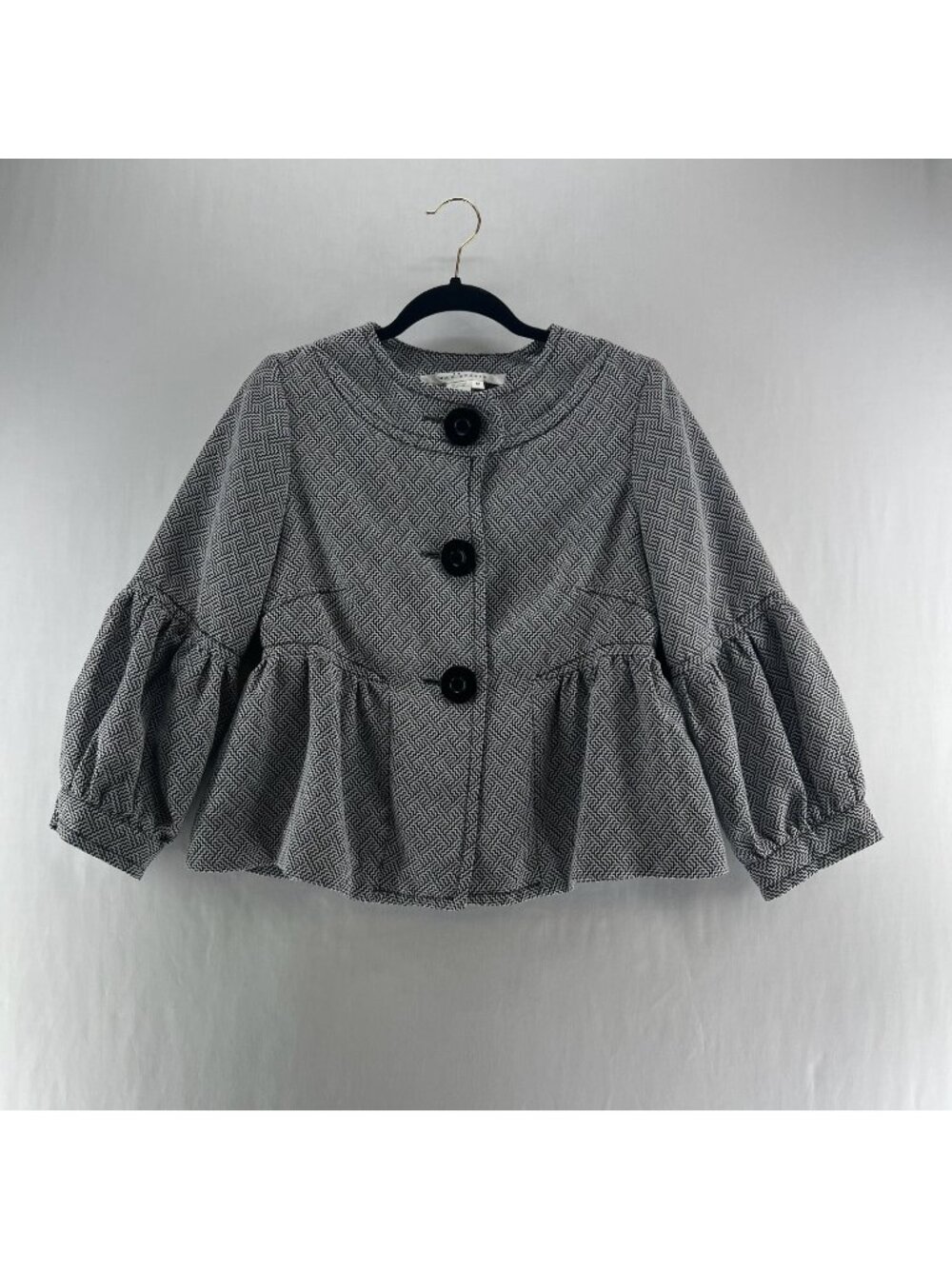 Max Studio Zigzag Peplum Jacket Womens M Puff Balloon Sleeve Button Black White - Picture 1 of 13